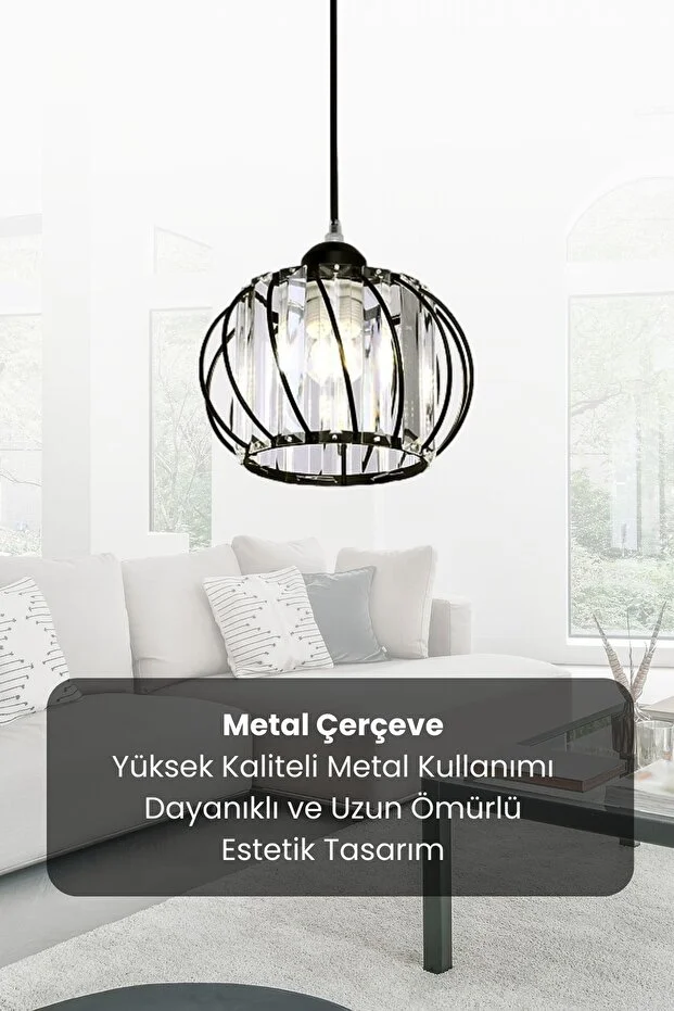 Quattro Model Siyah Renk Kaplama Metal Kristal Taşlı Salon Oturma Odası Tavan Sarkıt Avize